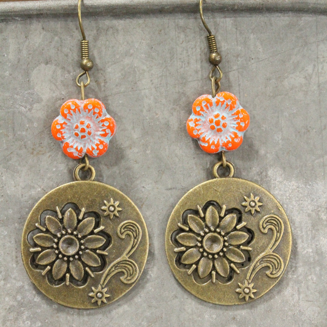 Flourishing Floral Czech Orange Charm Dangle Earrings