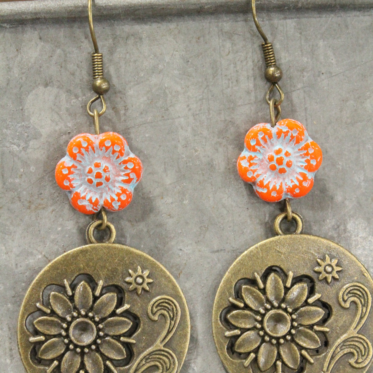 Flourishing Floral Czech Orange Charm Dangle Earrings