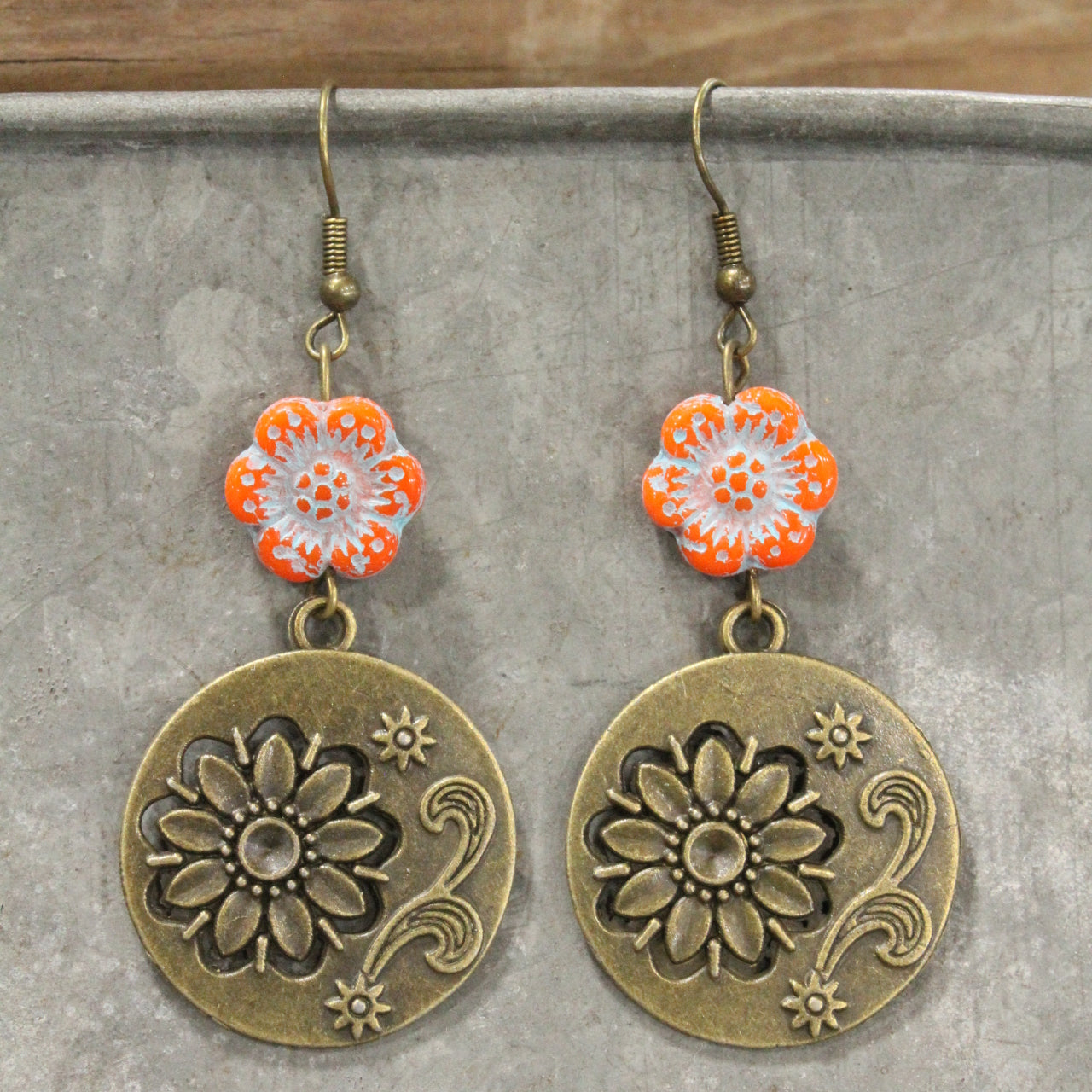 Flourishing Floral Czech Orange Charm Dangle Earrings