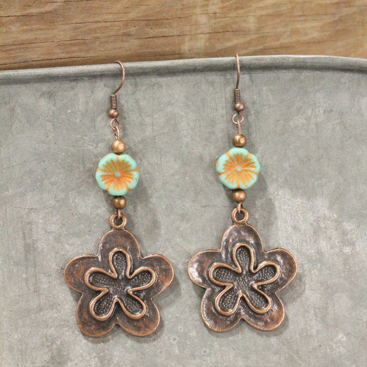 Copper Floral Czech Charm Dangle Earrings