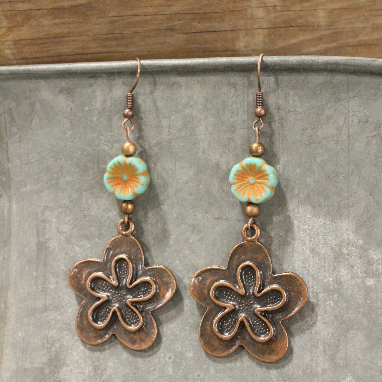 Copper Floral Czech Charm Dangle Earrings