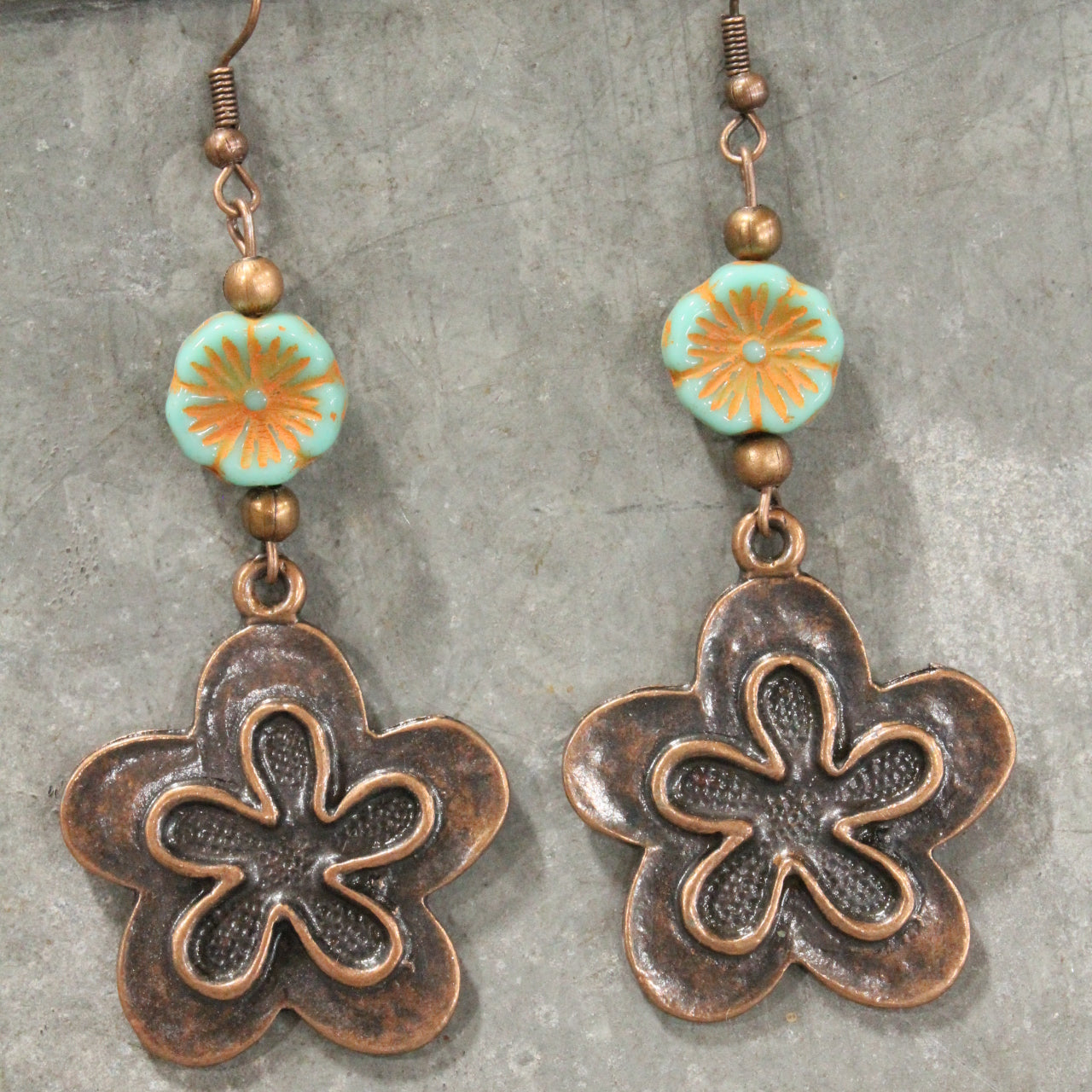 Copper Floral Czech Charm Dangle Earrings