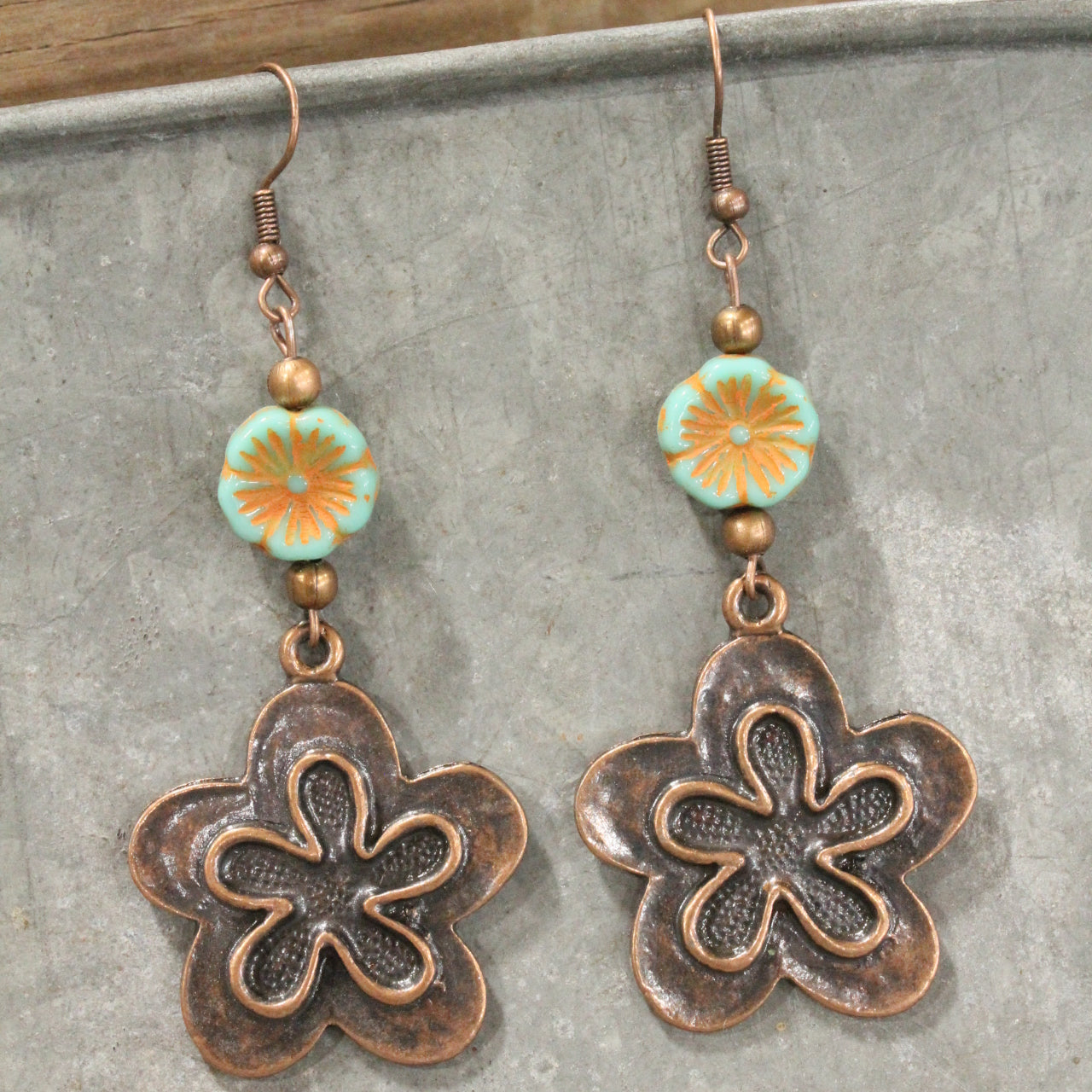 Copper Floral Czech Charm Dangle Earrings