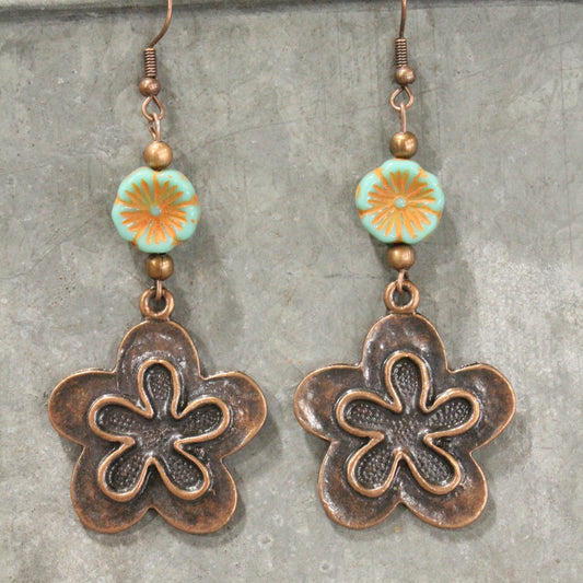 Copper Floral Czech Charm Dangle Earrings