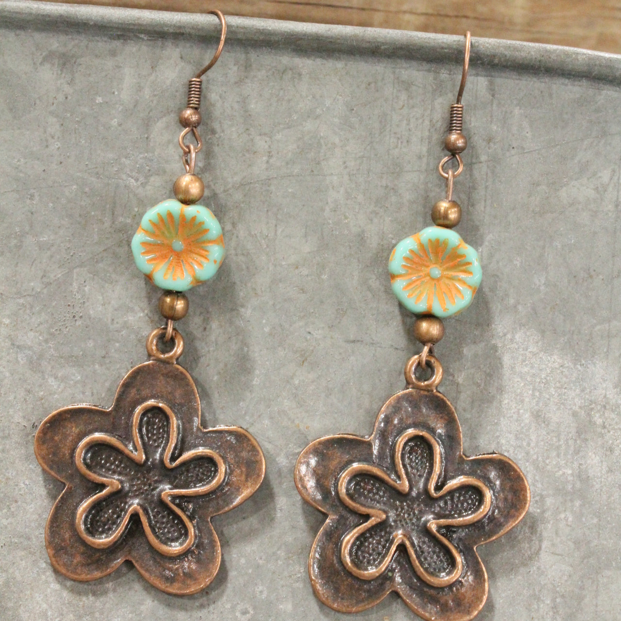 Copper Floral Czech Charm Dangle Earrings