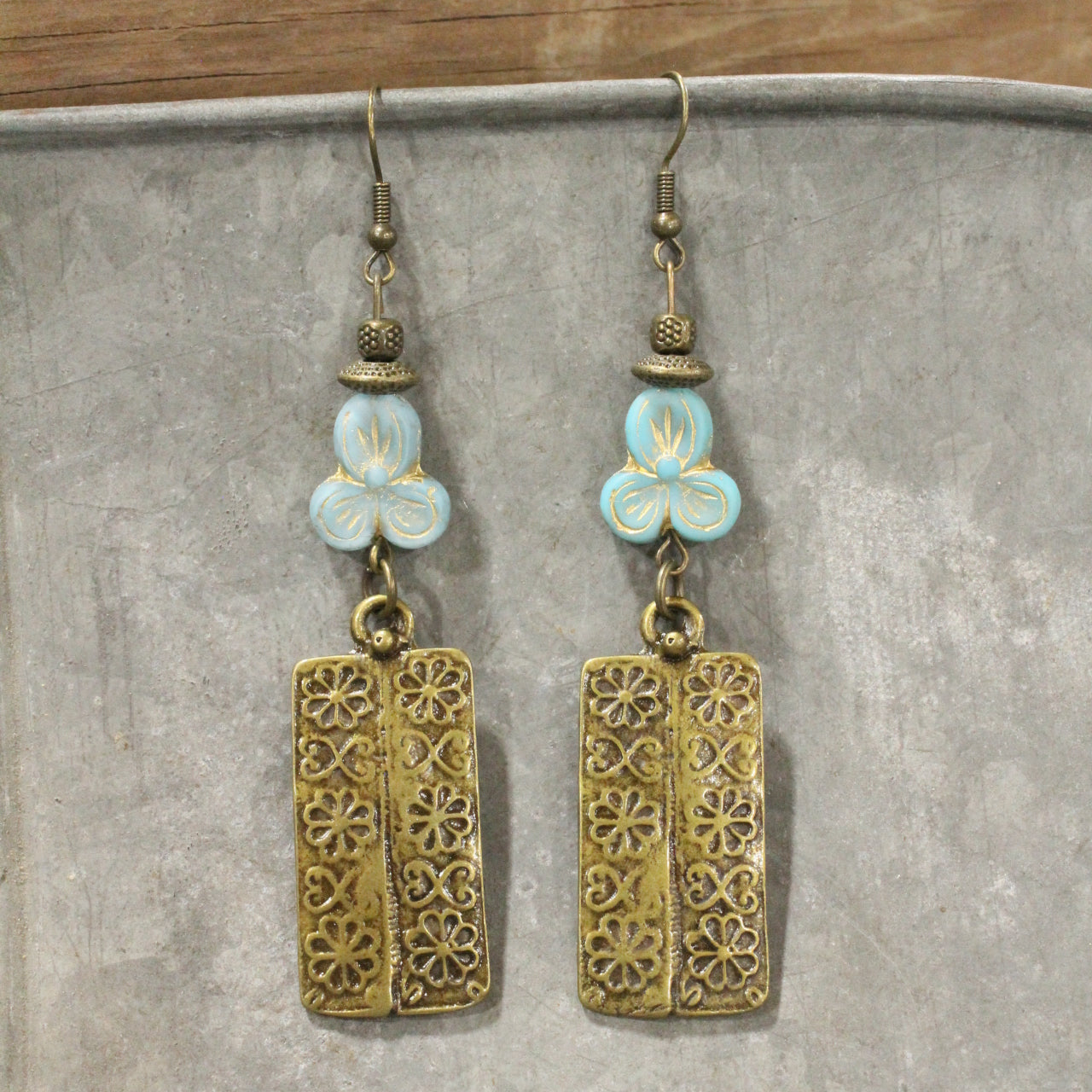 Flower Power Czech Blue Dangle Earrings