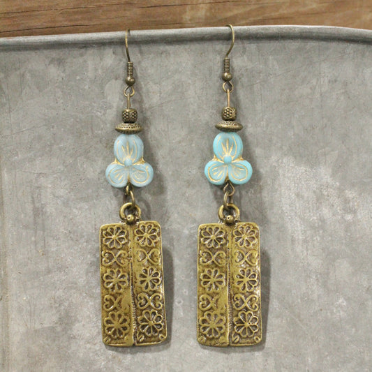 Flower Power Czech Blue Dangle Earrings