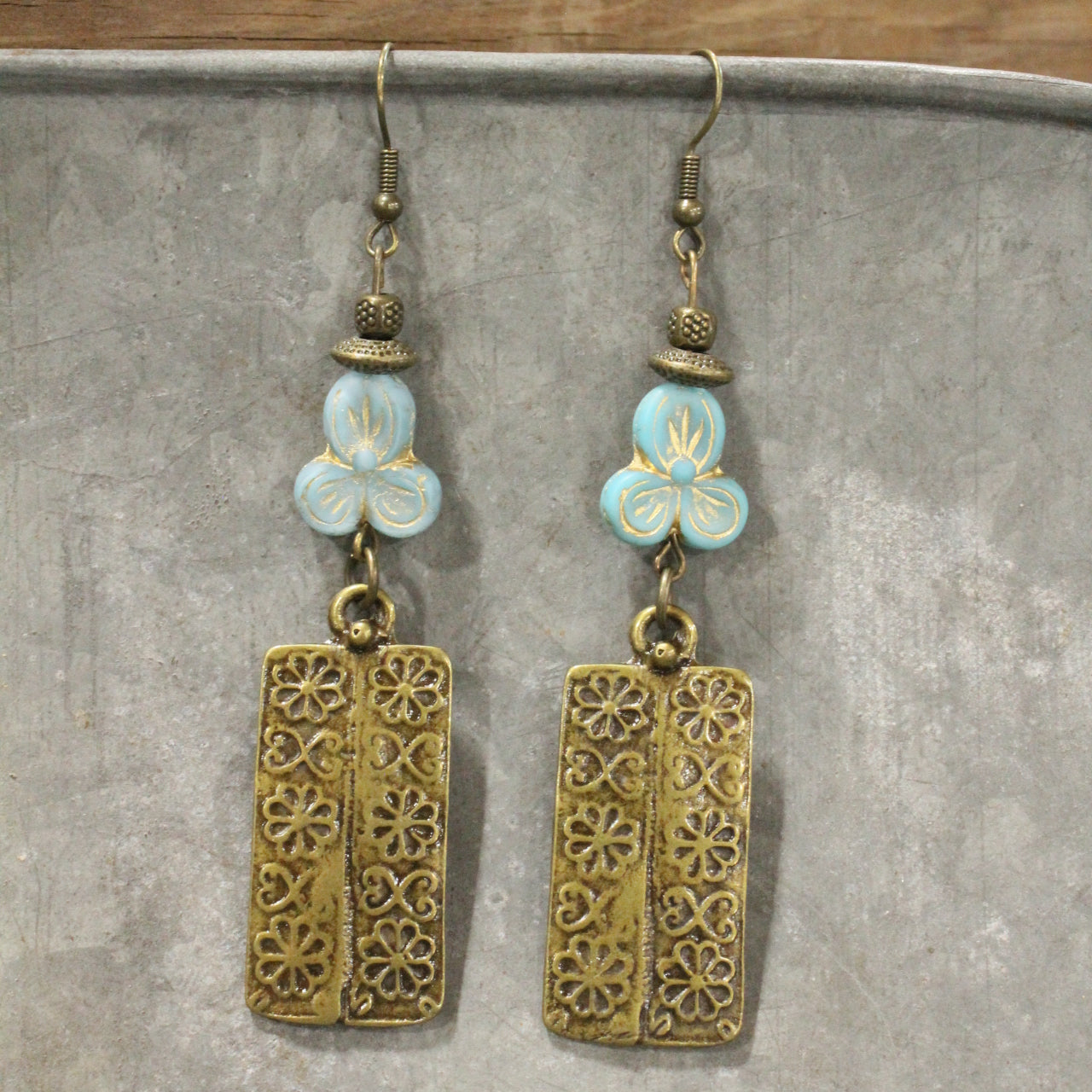 Flower Power Czech Blue Dangle Earrings