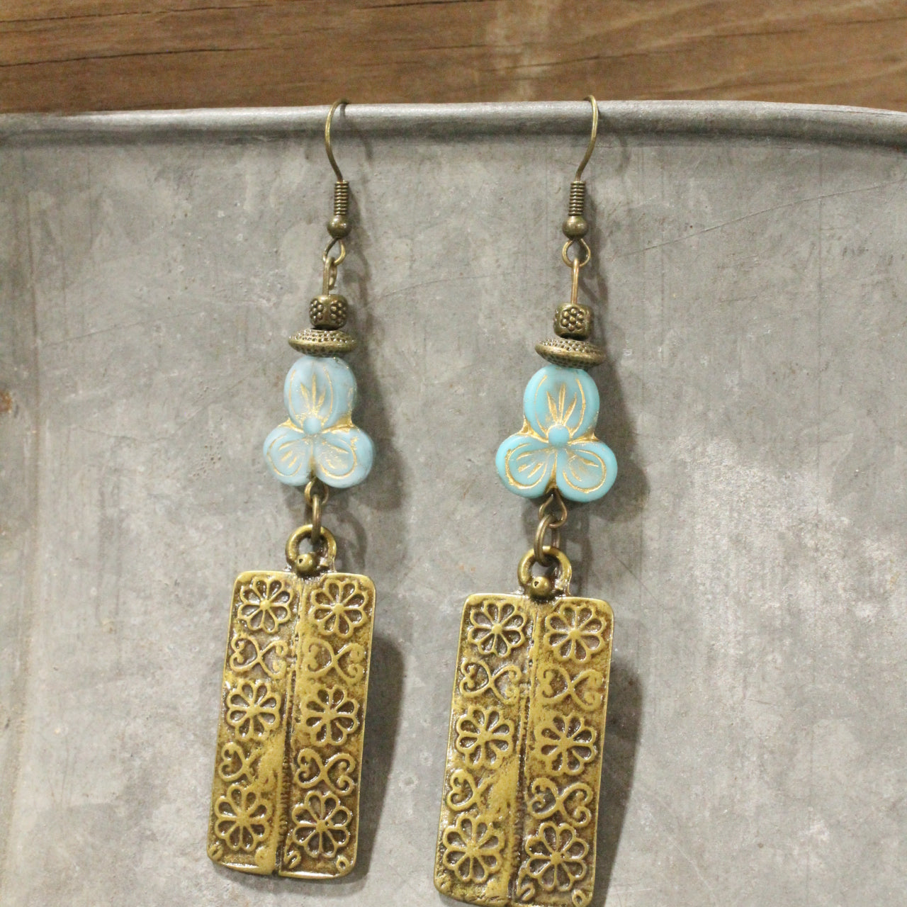 Flower Power Czech Blue Dangle Earrings