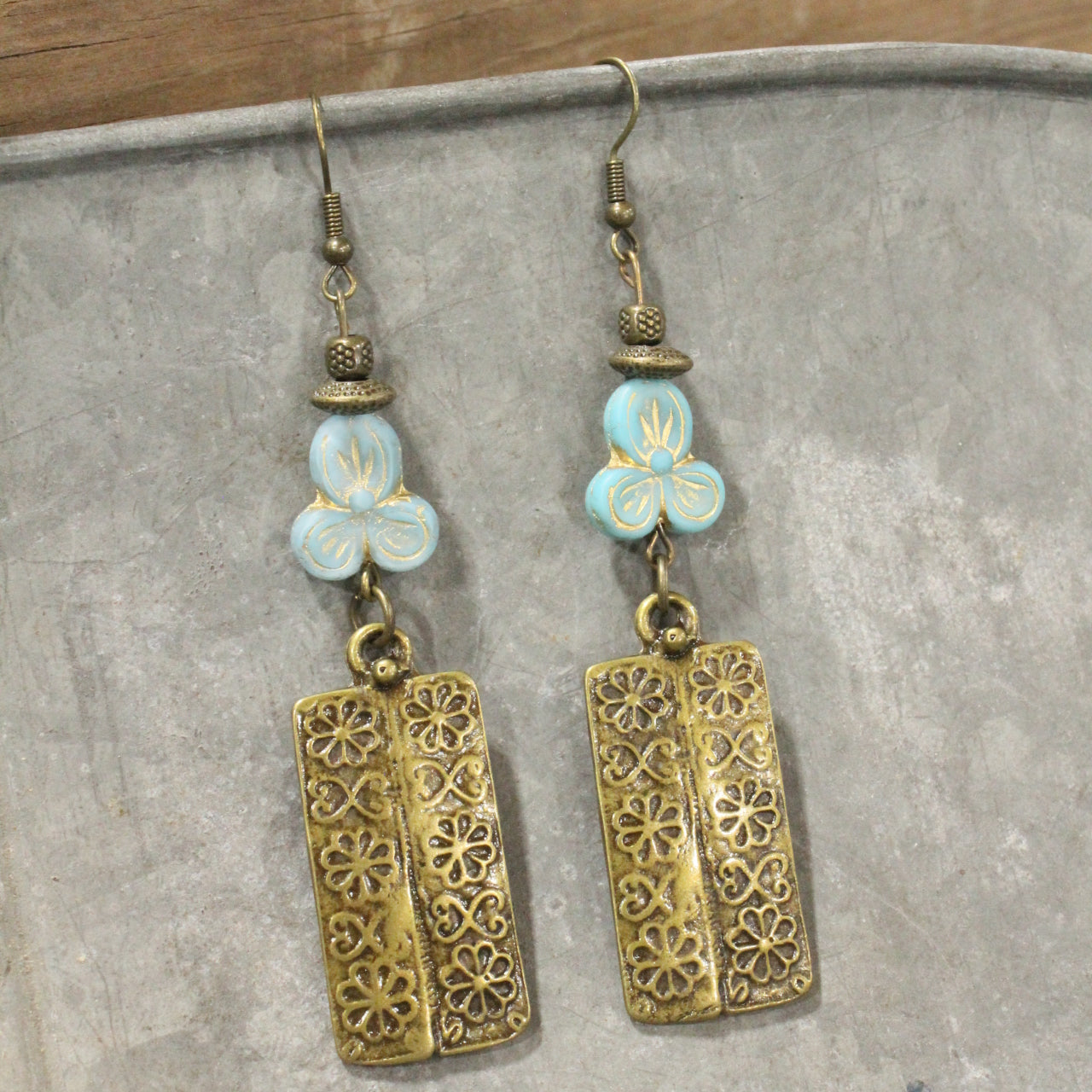 Flower Power Czech Blue Dangle Earrings