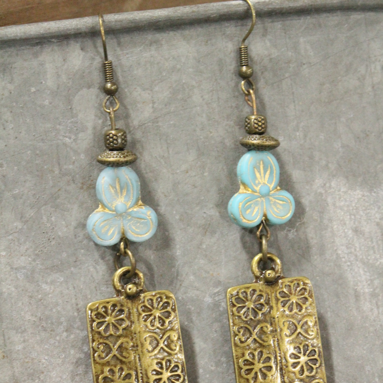 Flower Power Czech Blue Dangle Earrings