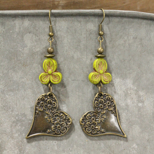 Czech & Bronze Spring Green Charm Dangle Earrings