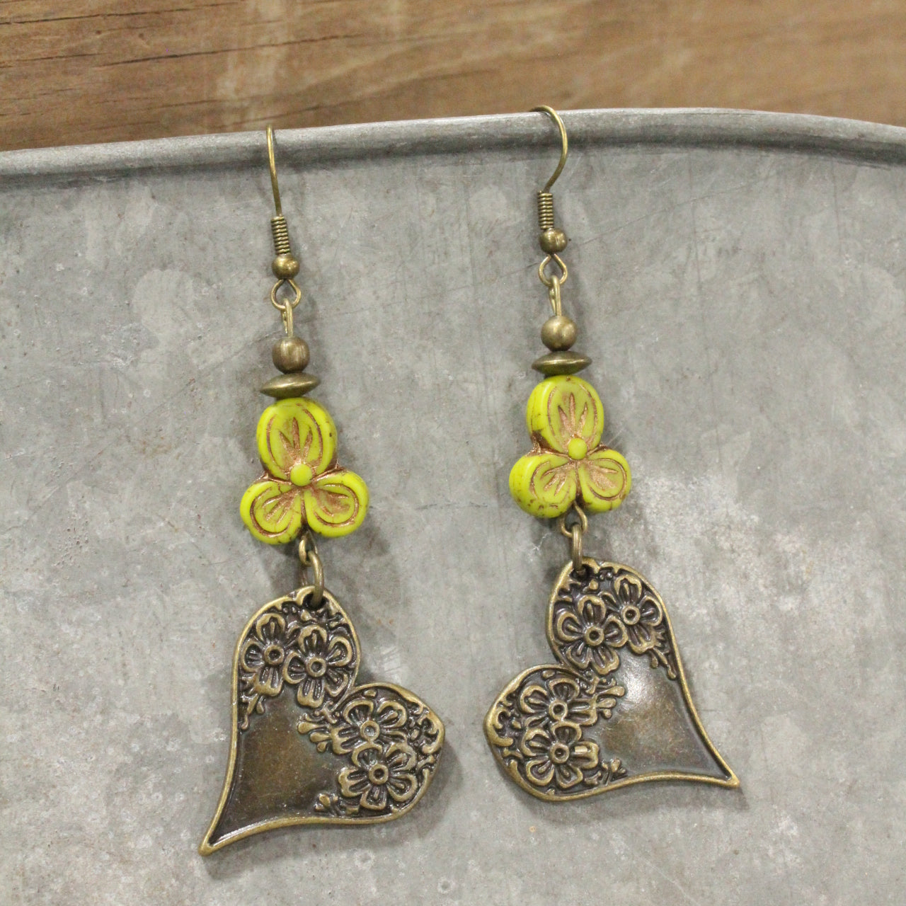 Czech & Bronze Spring Green Charm Dangle Earrings