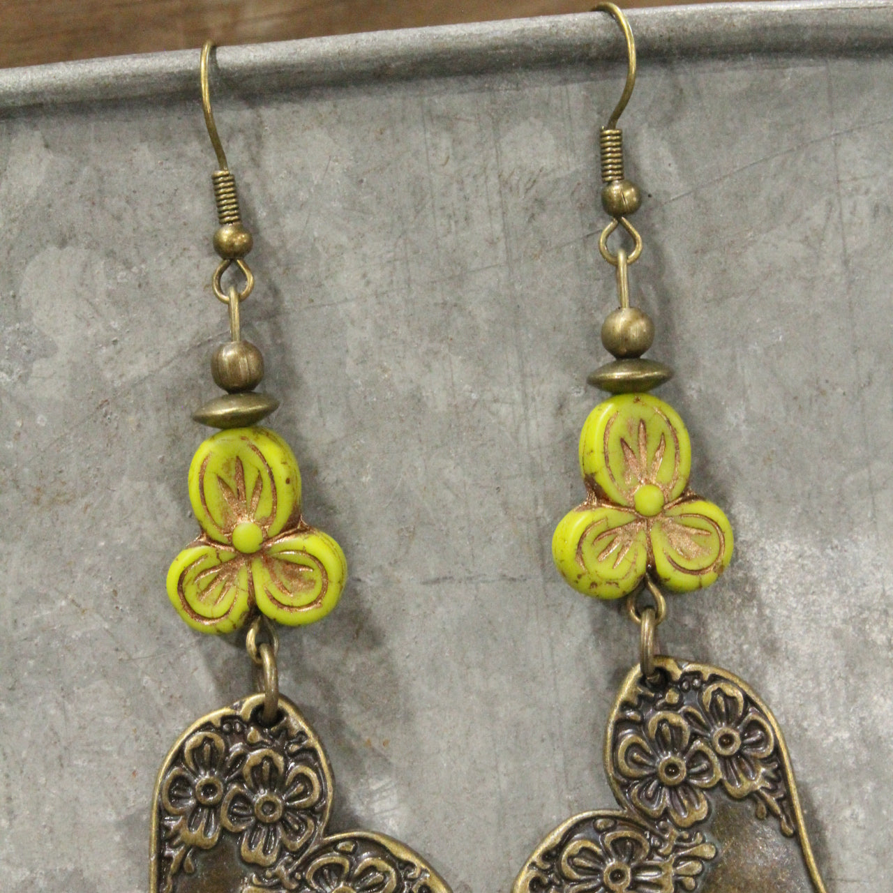 Czech & Bronze Spring Green Charm Dangle Earrings