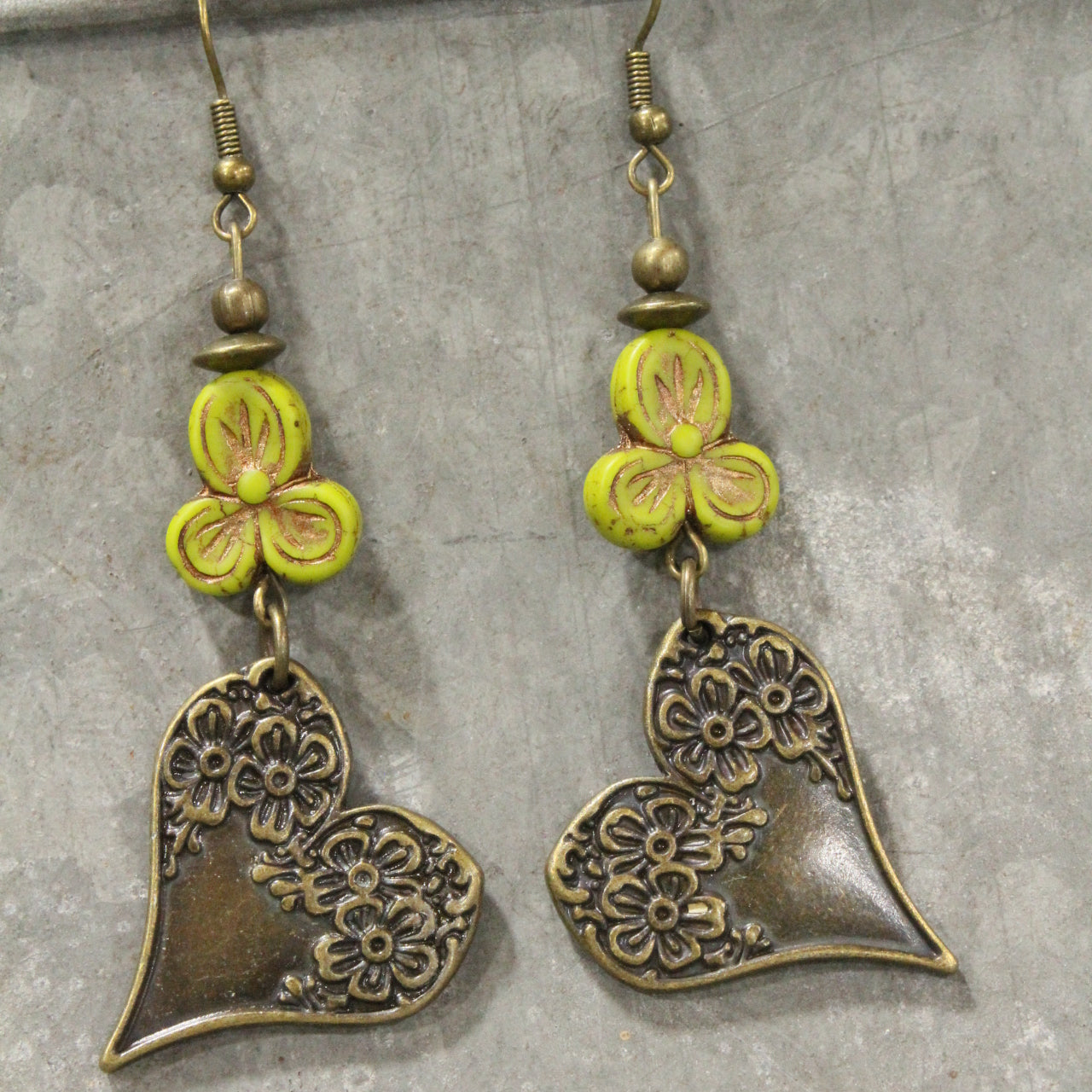 Czech & Bronze Spring Green Charm Dangle Earrings