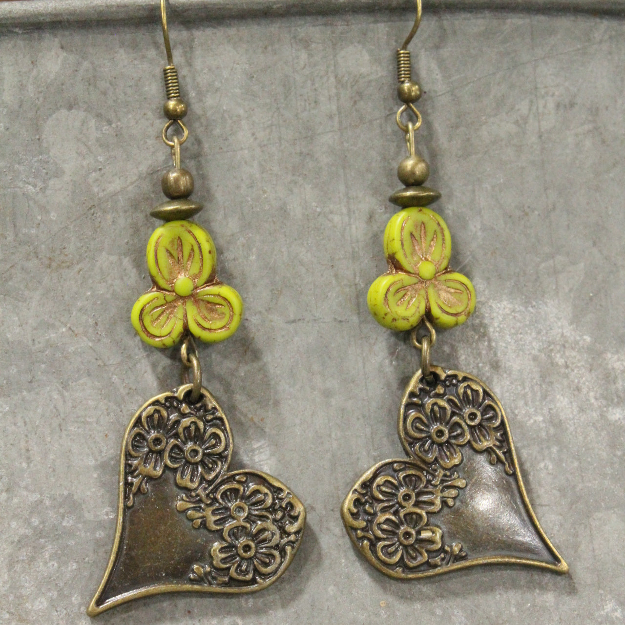 Czech & Bronze Spring Green Charm Dangle Earrings