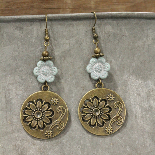 Flourishing Floral Czech Light Blue Charm Dangle Earrings