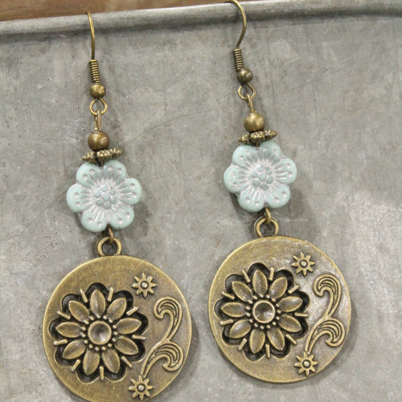 Flourishing Floral Czech Light Blue Charm Dangle Earrings