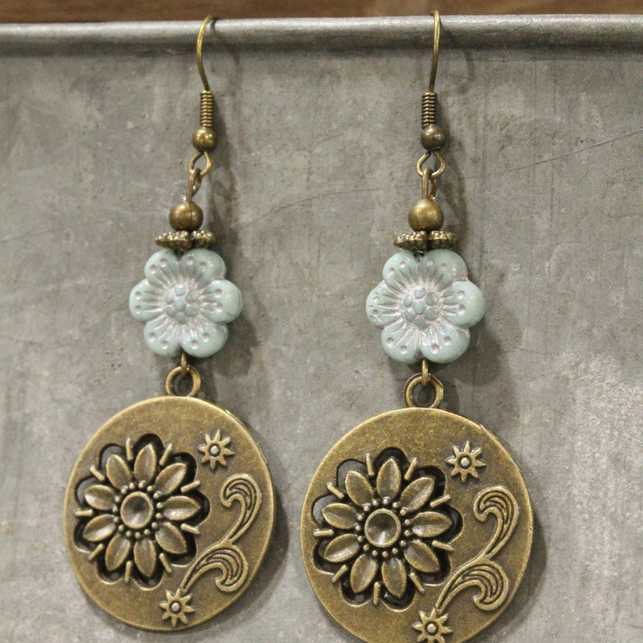 Flourishing Floral Czech Light Blue Charm Dangle Earrings