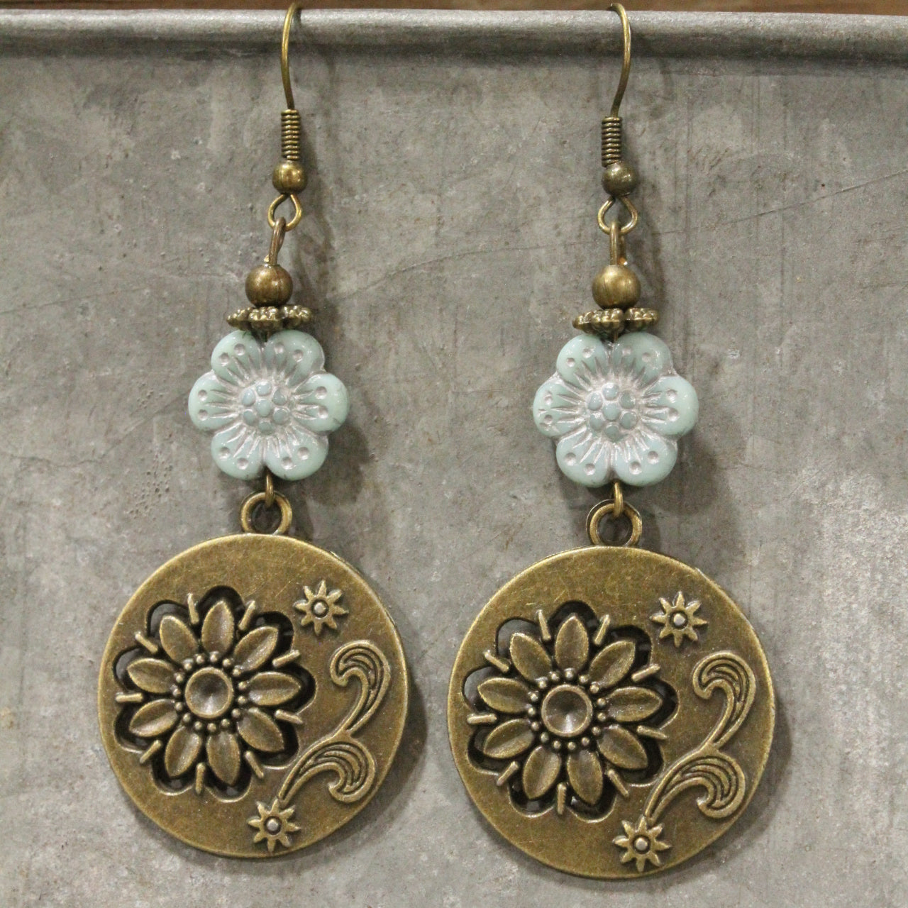 Flourishing Floral Czech Light Blue Charm Dangle Earrings