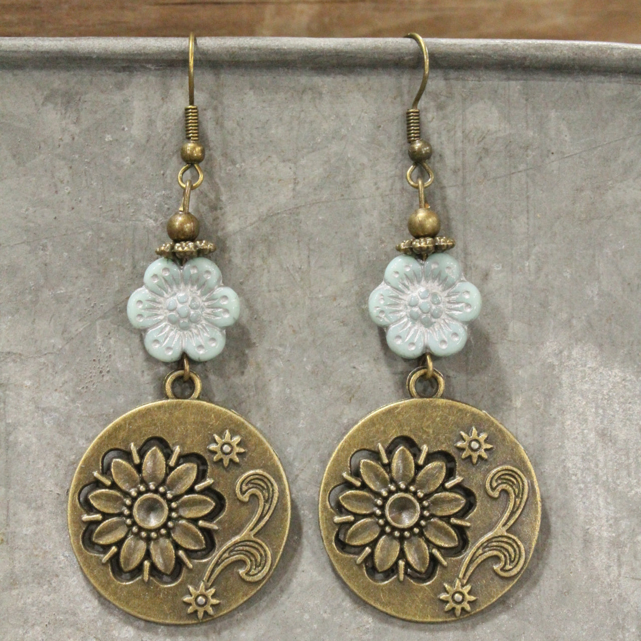 Flourishing Floral Czech Light Blue Charm Dangle Earrings