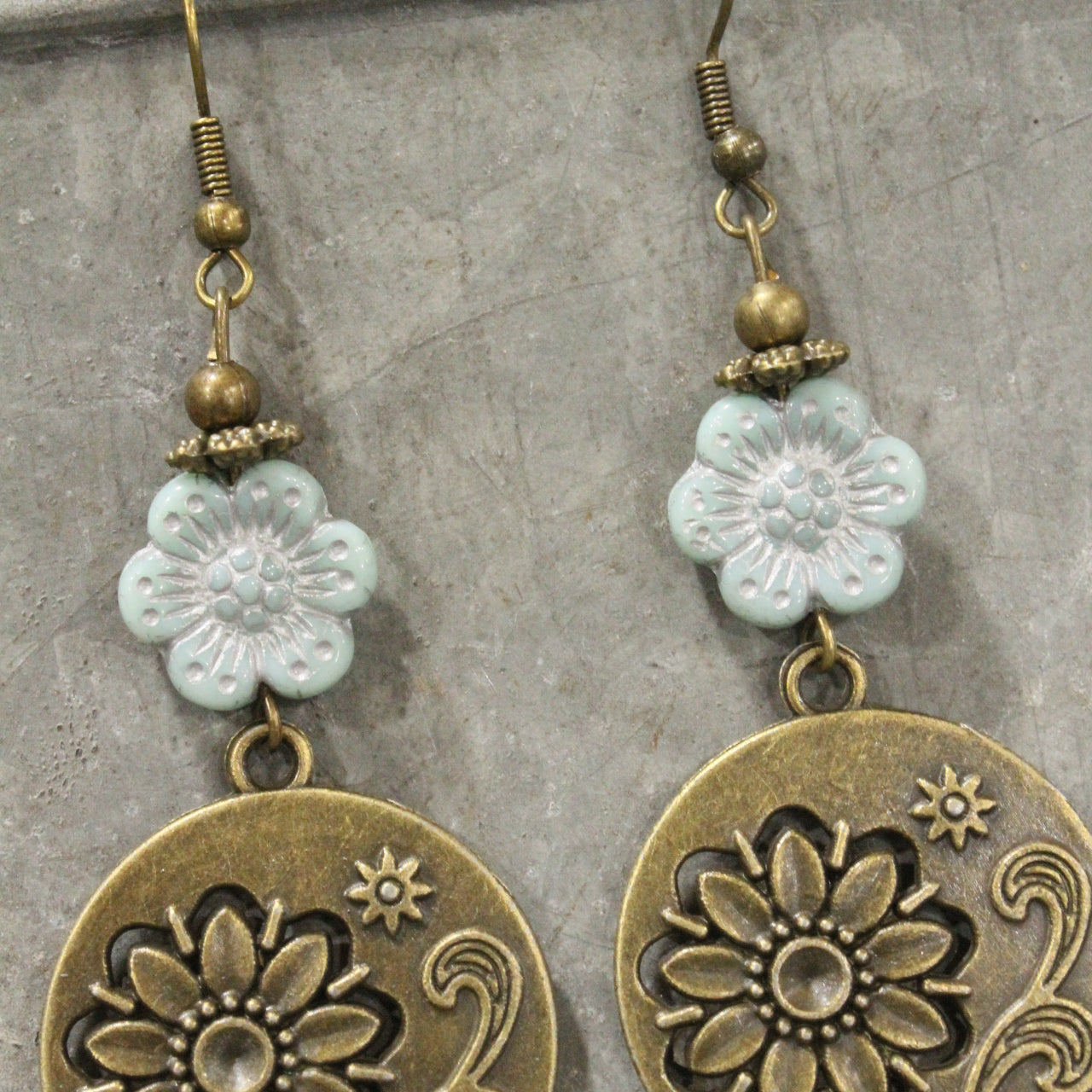 Flourishing Floral Czech Light Blue Charm Dangle Earrings