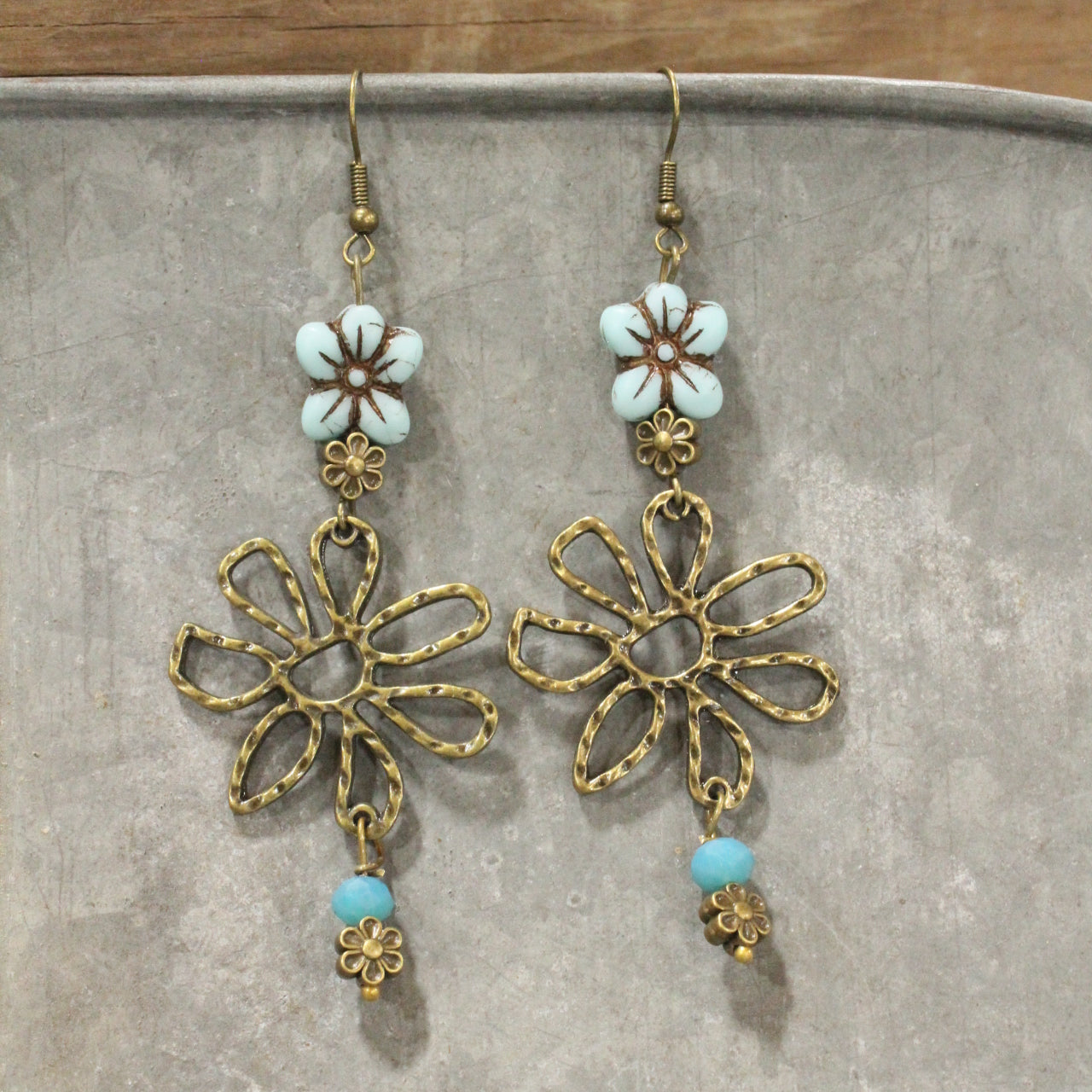 Fancy Flowers Blue Charm Dangle Earrings