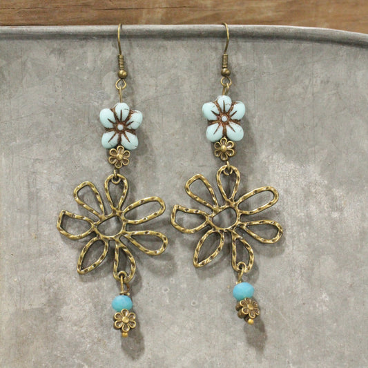 Fancy Flowers Blue Charm Dangle Earrings