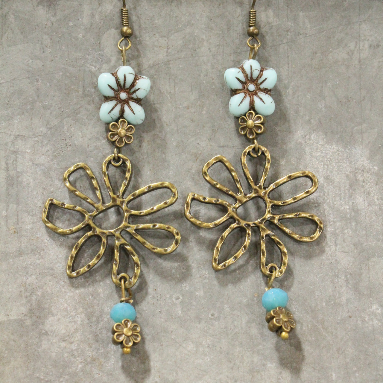 Fancy Flowers Blue Charm Dangle Earrings