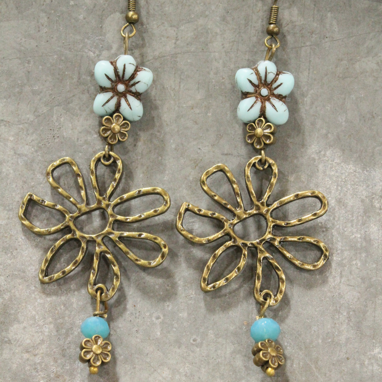 Fancy Flowers Blue Charm Dangle Earrings