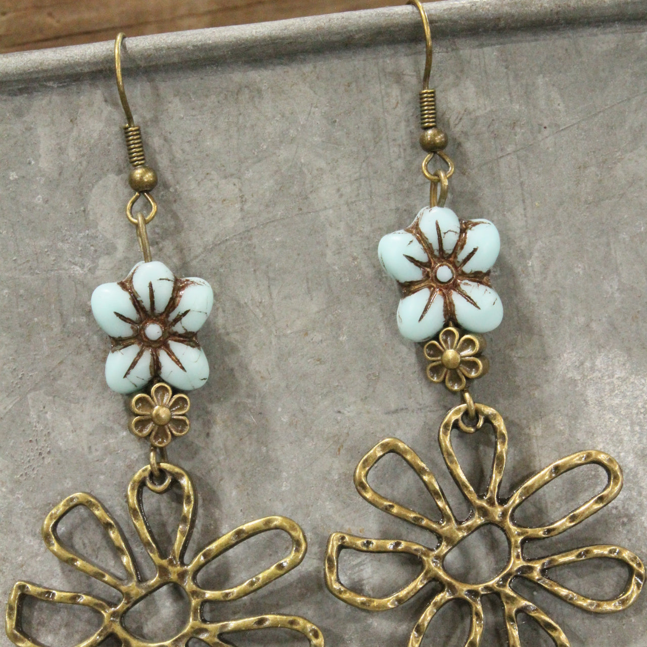 Fancy Flowers Blue Charm Dangle Earrings