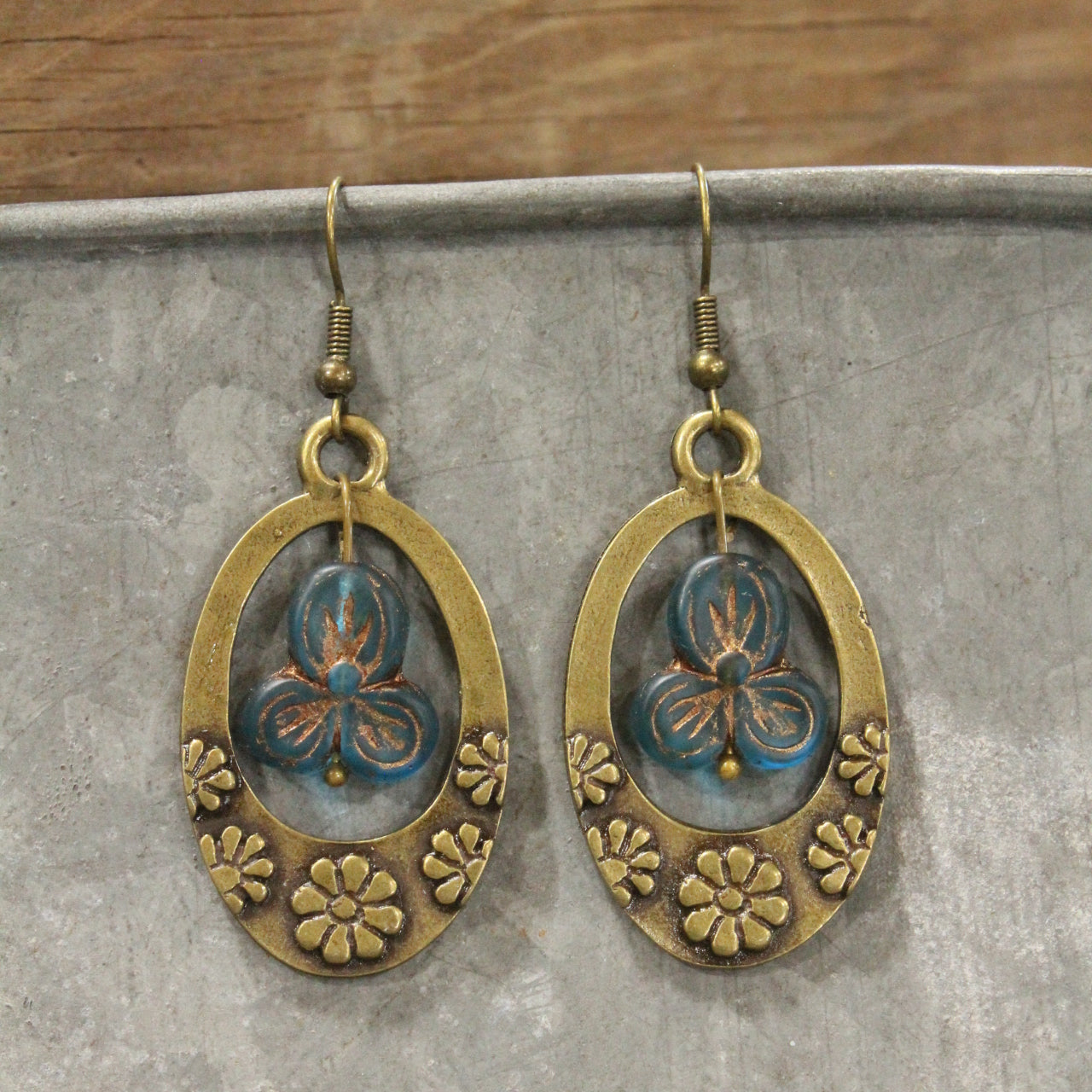 Groovy Flower Power Czech Blue Hoop Earrings