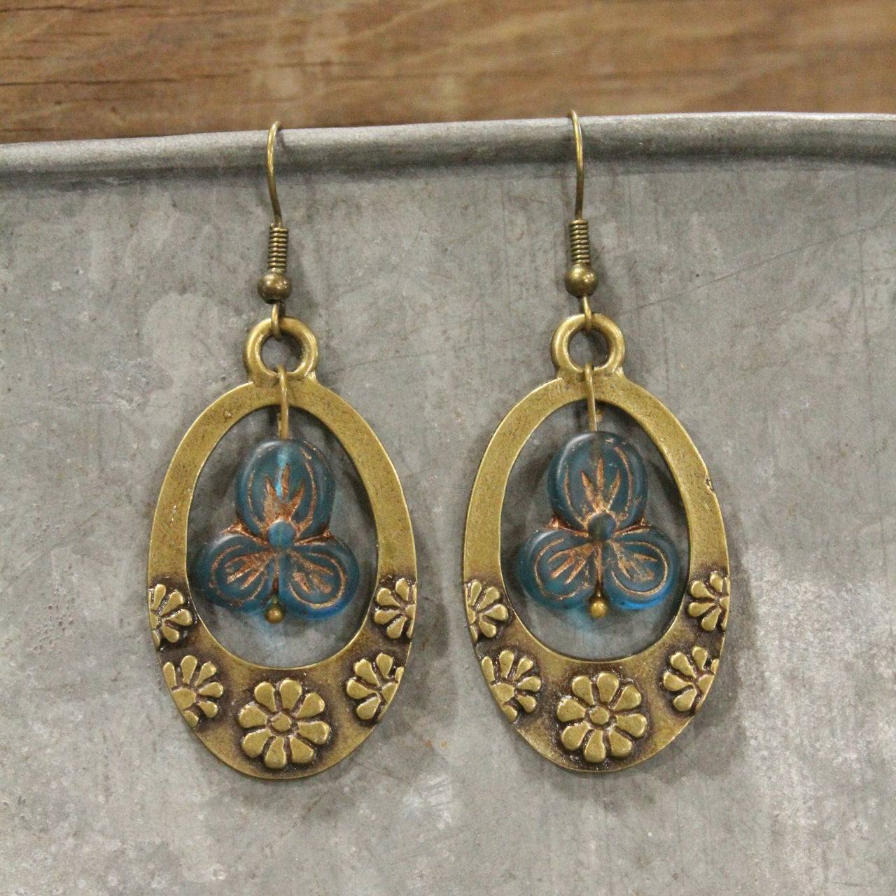 Groovy Flower Power Czech Blue Hoop Earrings