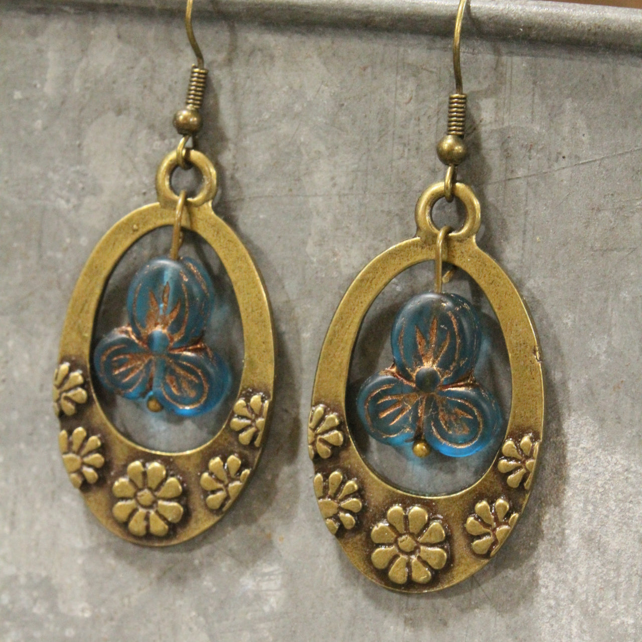 Groovy Flower Power Czech Blue Hoop Earrings