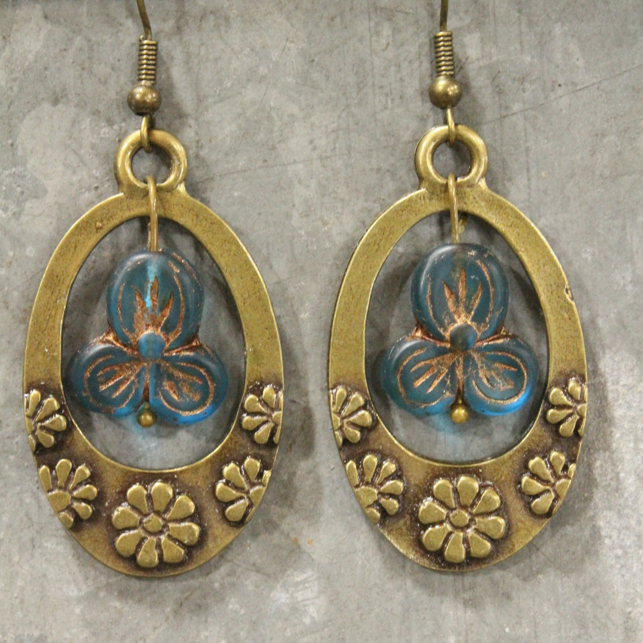 Groovy Flower Power Czech Blue Hoop Earrings