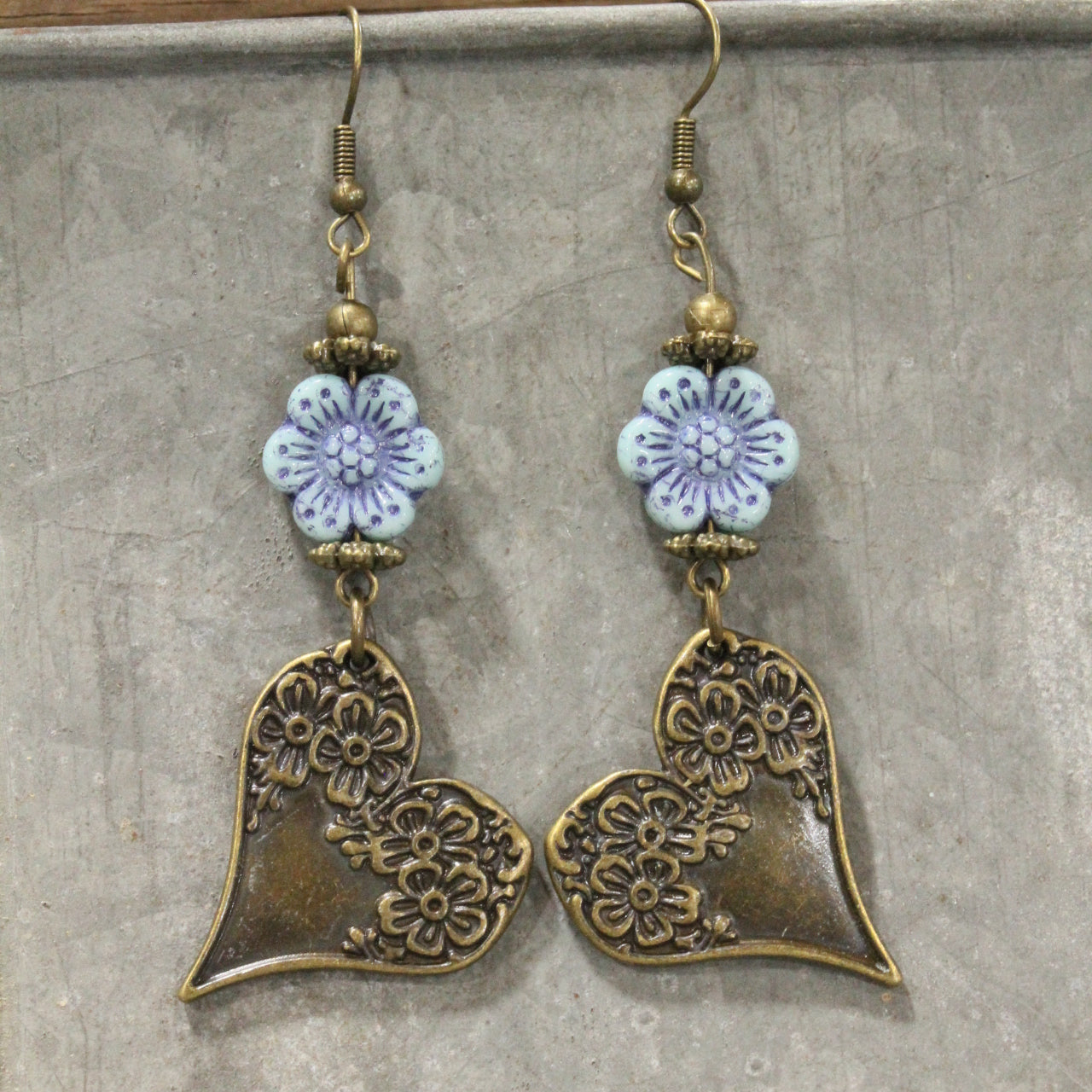 Czech & Bronze Icy Blue Charm Dangle Earrings