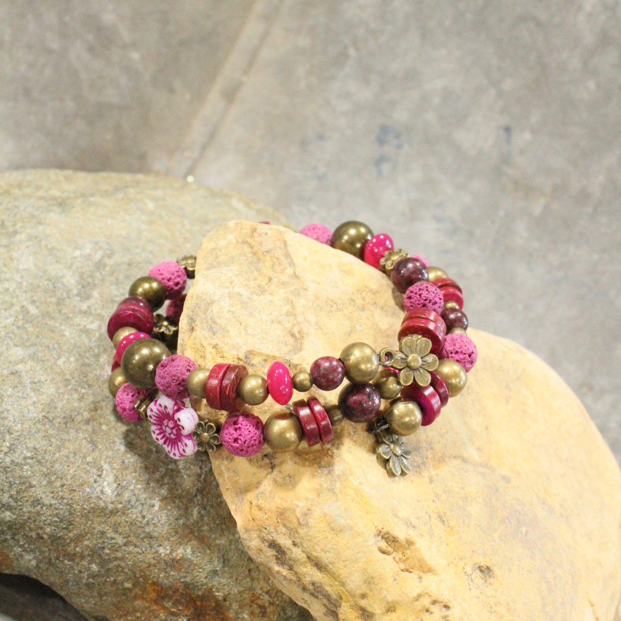 Flower Power Czech Pink Wrap Bracelet