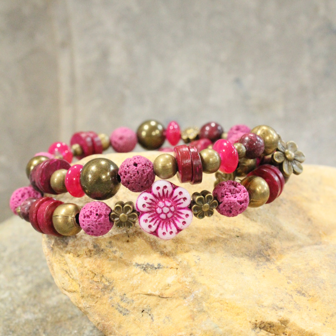 Flower Power Czech Pink Wrap Bracelet