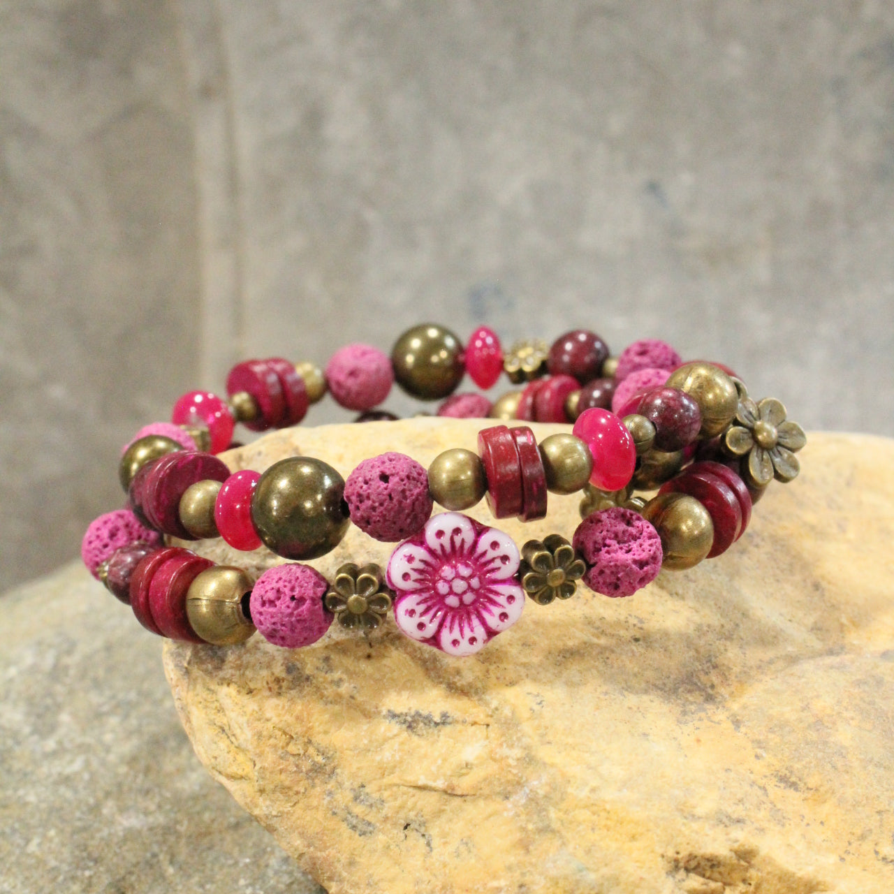 Flower Power Czech Pink Wrap Bracelet