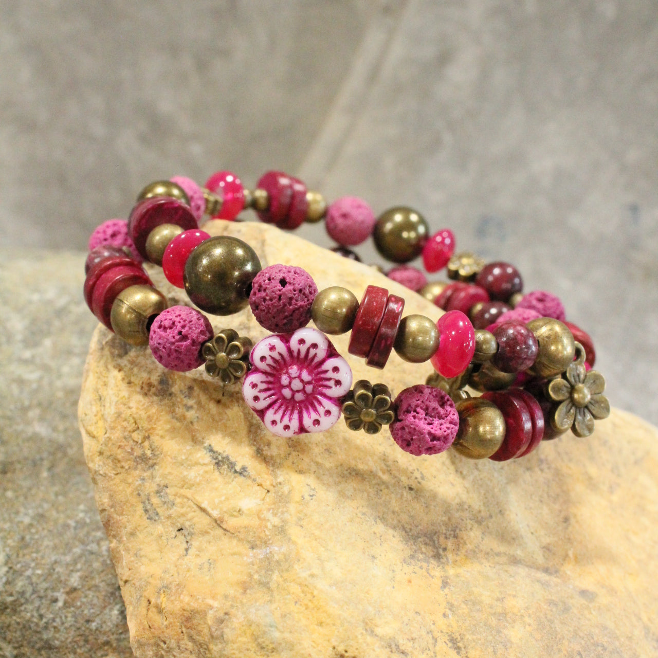 Flower Power Czech Pink Wrap Bracelet