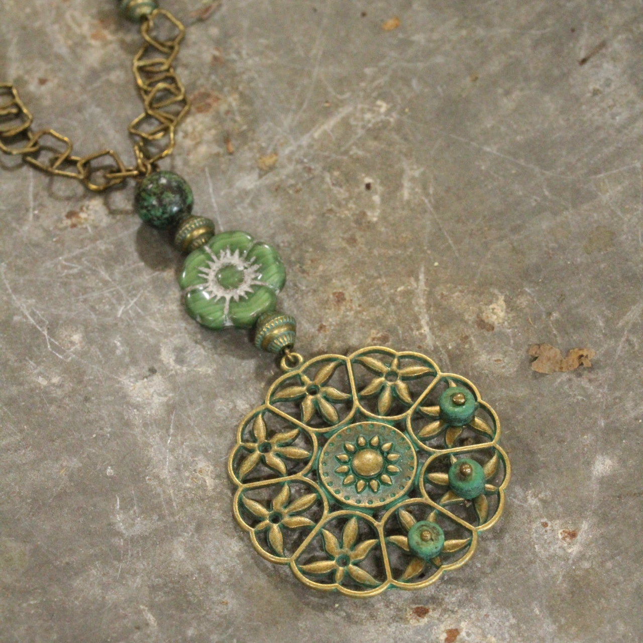 Vintage Green Flower Drop Czech Necklace