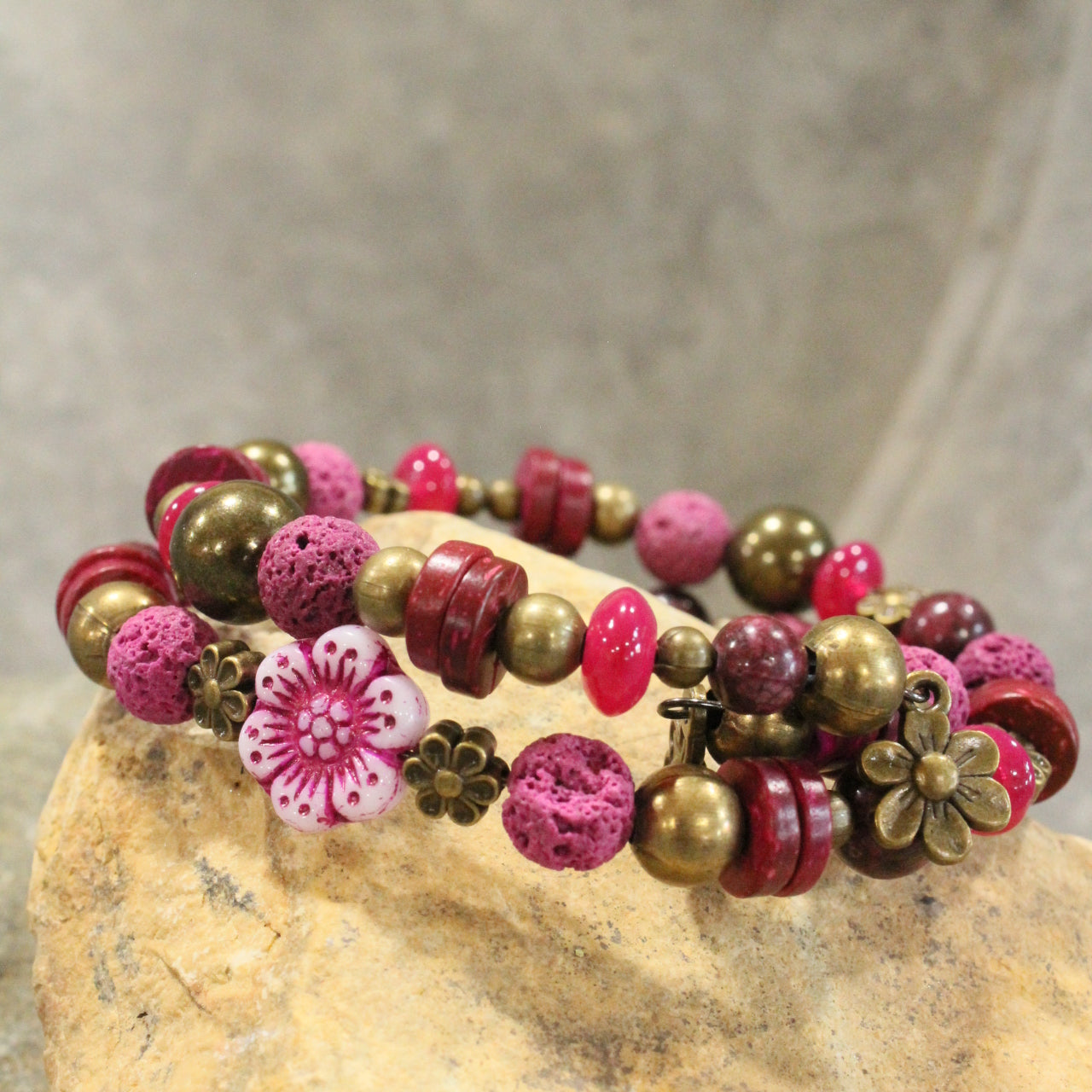 Flower Power Czech Pink Wrap Bracelet