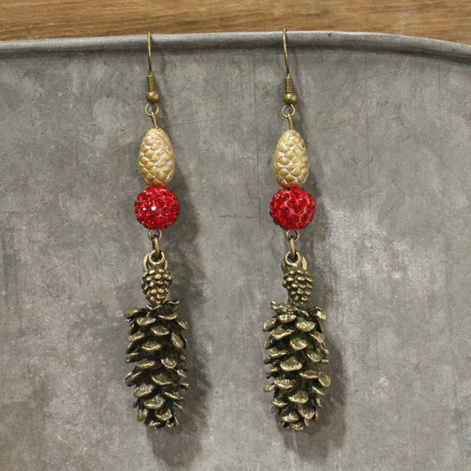 Love For Cardinals & PIne Cones Dangle Earrings