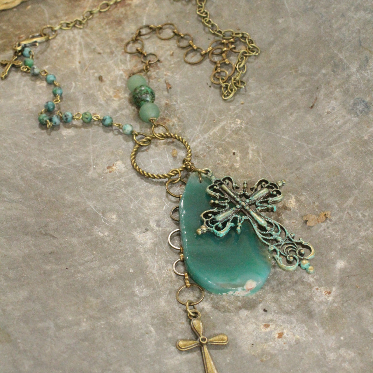 Bohemian Jade Cross Stone Necklace