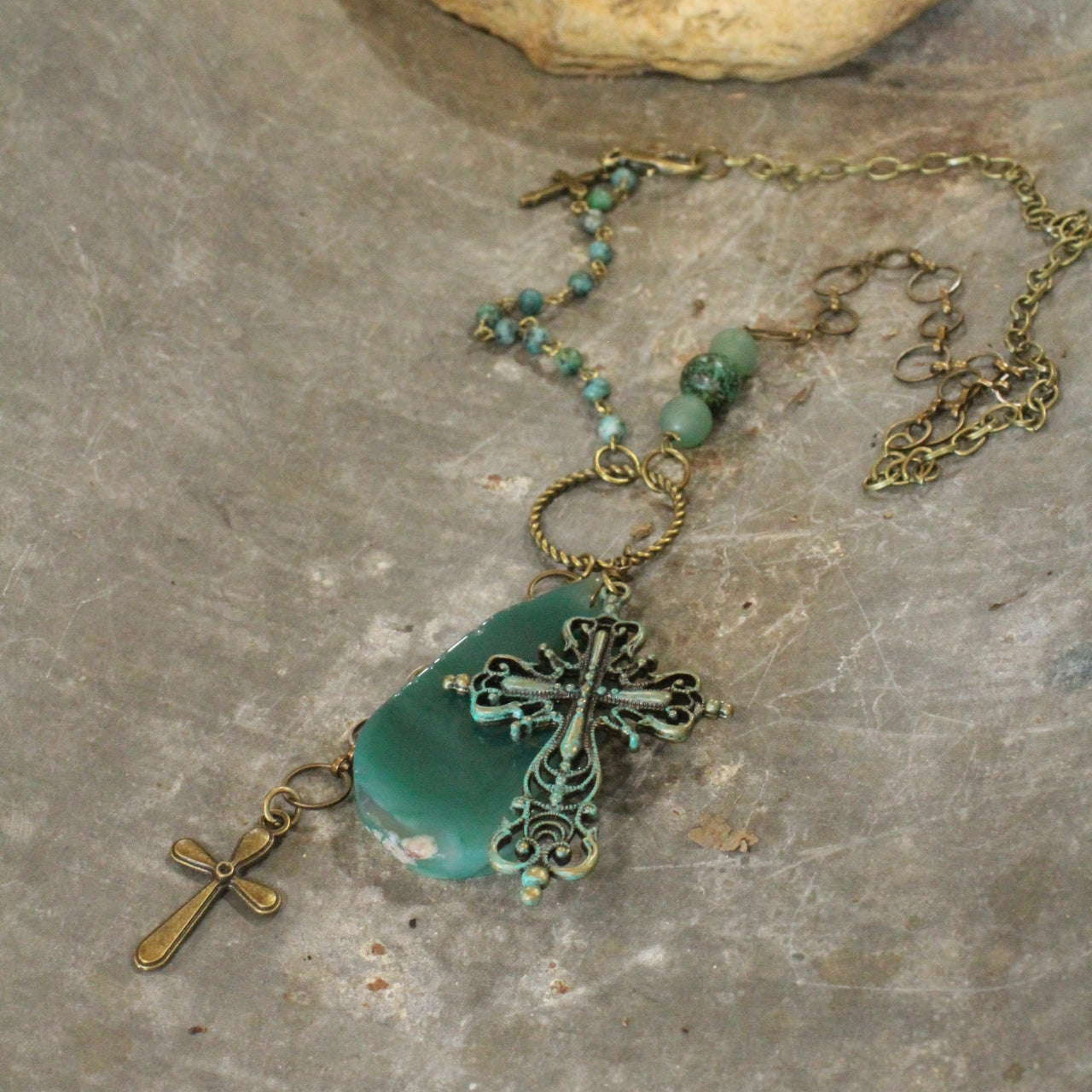 Bohemian Jade Cross Stone Necklace