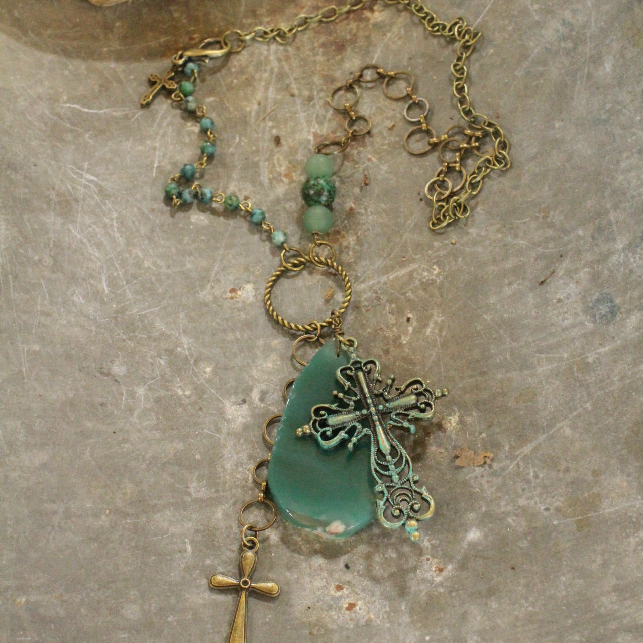 Bohemian Jade Cross Stone Necklace