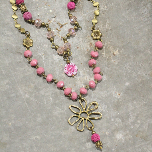 Flower Power Czech Pink Layered Necklace