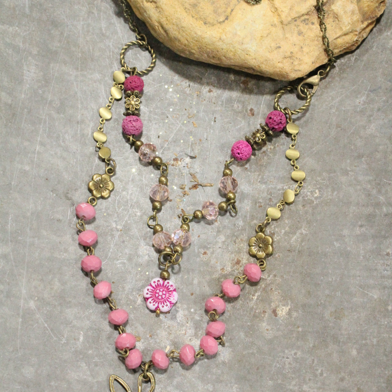 Flower Power Czech Pink Layered Necklace