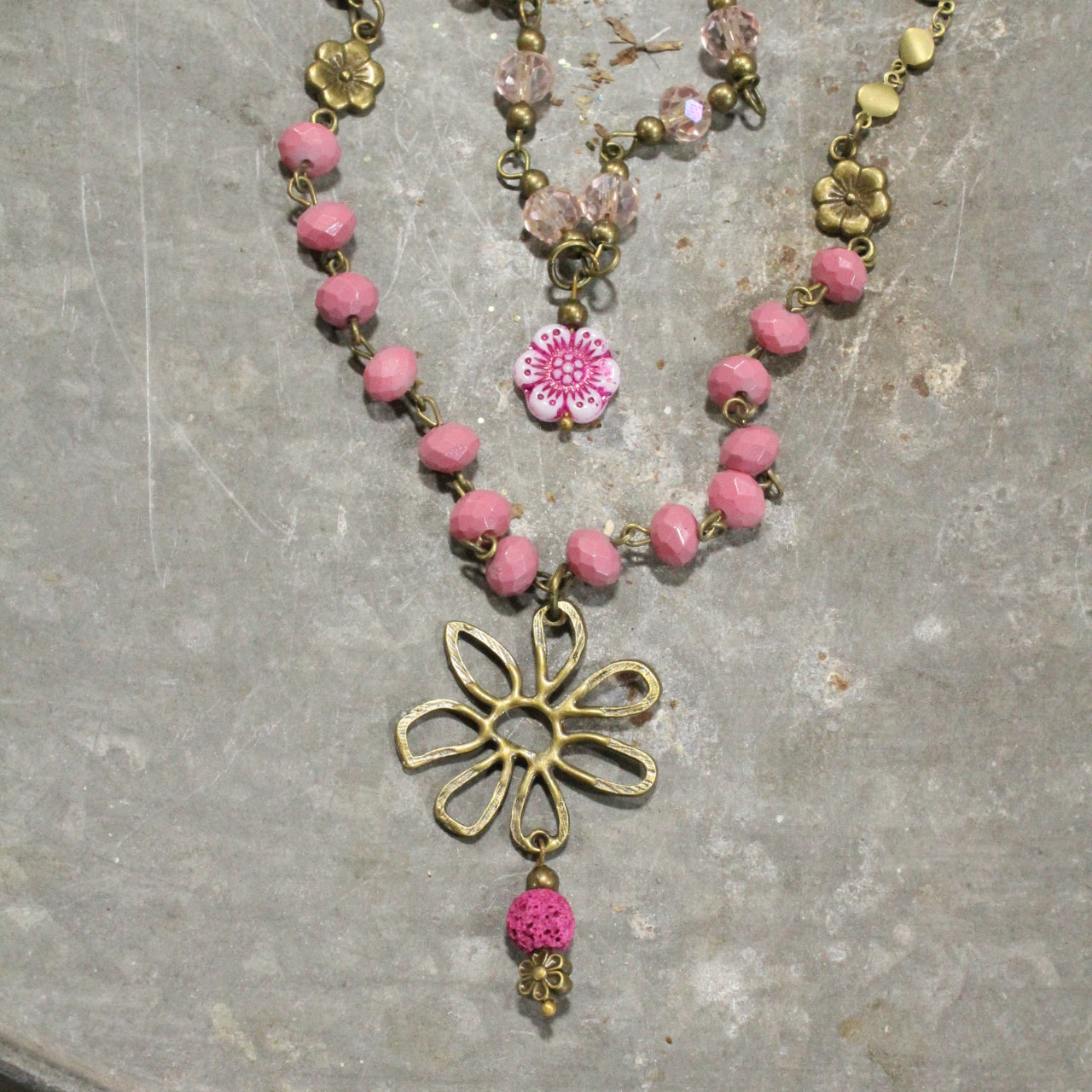 Flower Power Czech Pink Layered Necklace