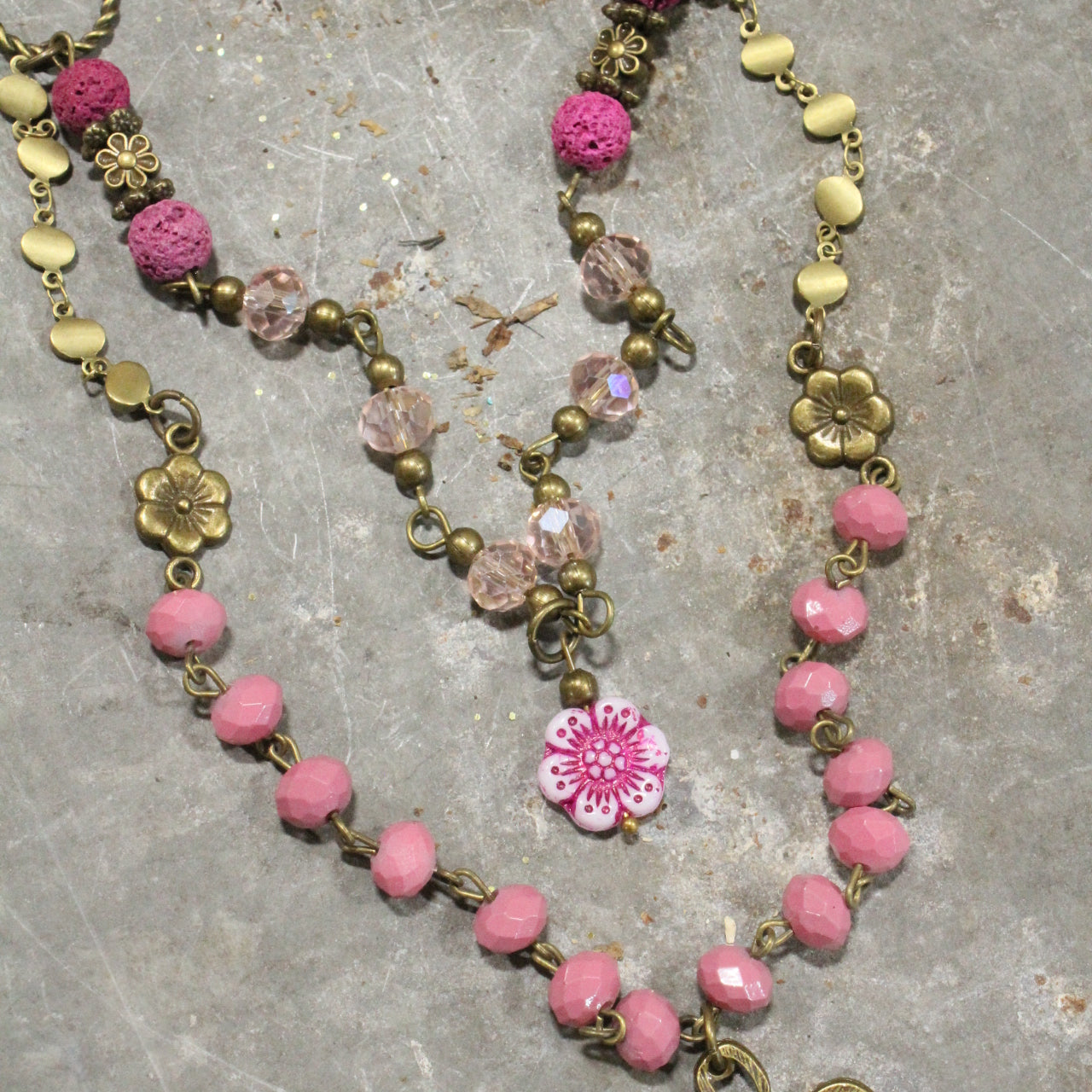 Flower Power Czech Pink Layered Necklace